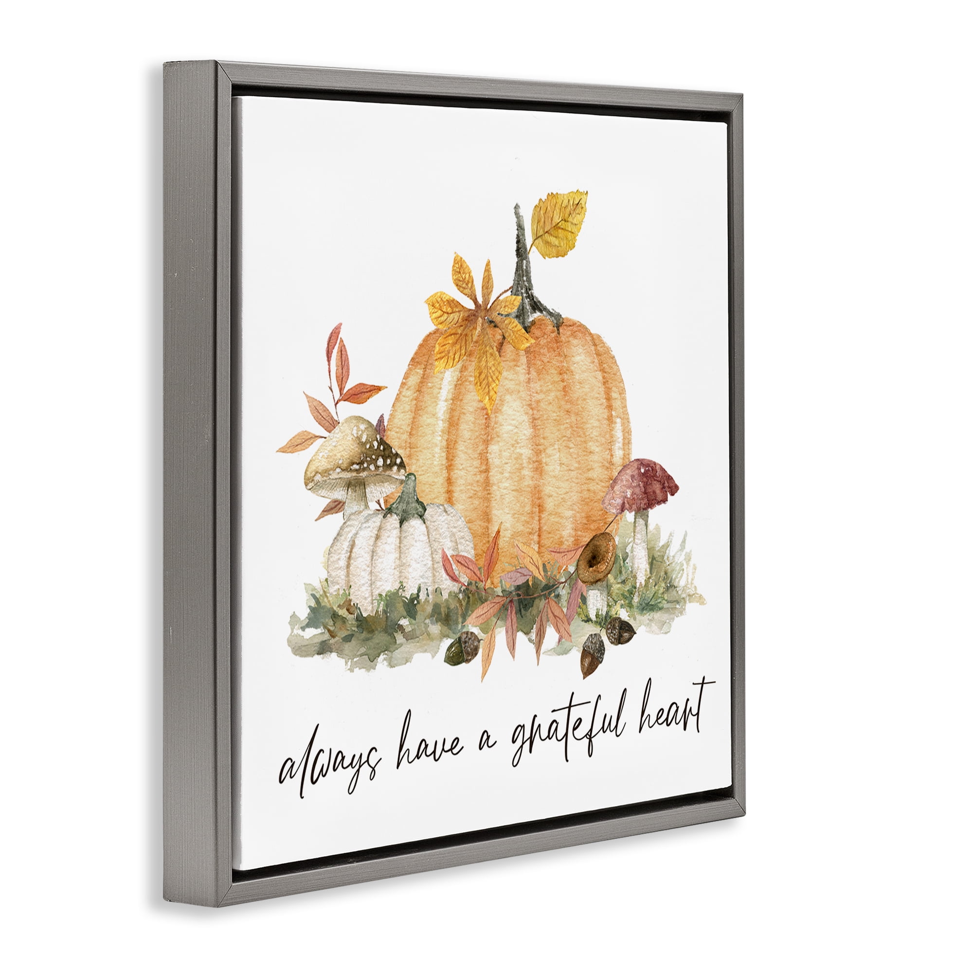 Stupell Industries Grateful Heart Pumpkin Botanical & Floral Painting Gray Floater Framed Canvas Art Prints Wall Art, 25 x 25