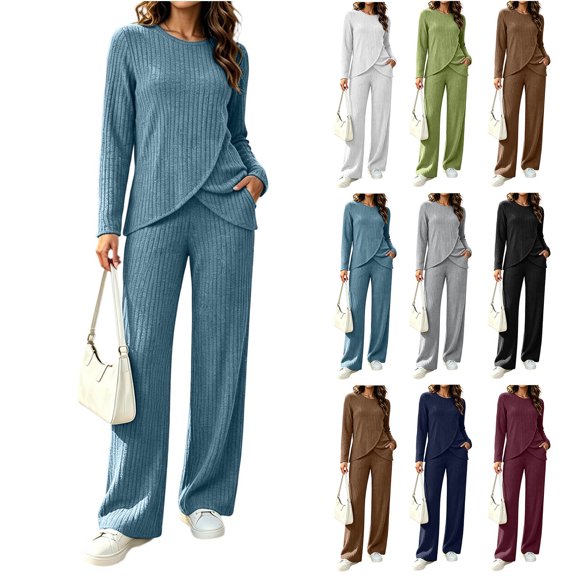 Brnmyaeo Womens 2 Piece Sets Ribbed Knit Asymmetrical Hem Long Sleeve Top and Straight Leg Pants Warm Cozy Matching Sets Airport Outfit