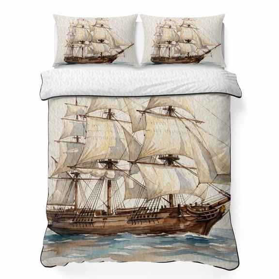 Quilts Full Size Bedding Set, Coastal Nautical Lightweight Quilted Comforter, Summer Ocean Vintage Sailboats Waves Soft Reversible Bedspread Coverlet with Pillow Covers for All Season, 78" x 90"