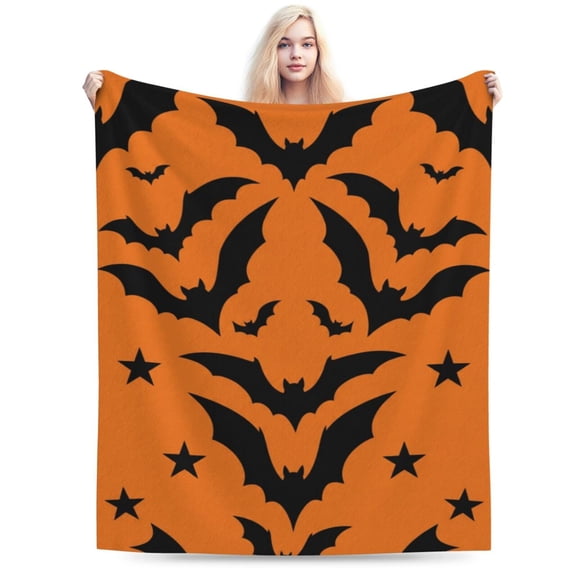 Black Bat Throw Blanket, Orange Halloween Flannel Blanket, Soft Cozy Home Decor for Sofa Couch Bed Chair, Spooky Seasonal Decor 50x40