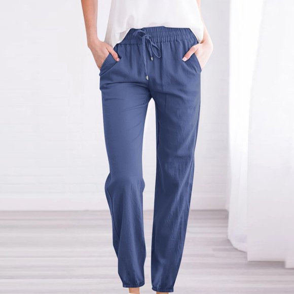 RKSTN Womens Pants Woman Solid Color Cotton And Linen Drawstring Elastic Waist Long Straight Pants Soft Loose Straight Leg Hiking Pants