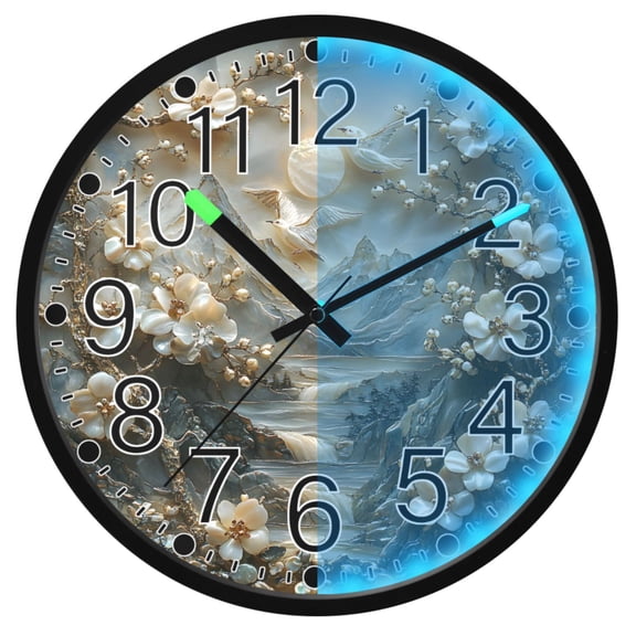 Ryvnso Flowers Mountain 12 Inch Night Light Wall Clock Silent Battery Operated Luminous Clocks