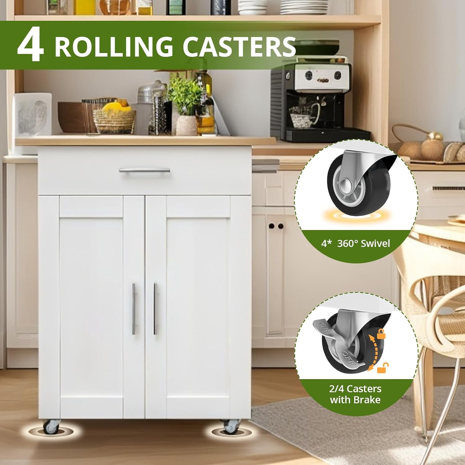 Kitchen Island Cart with Storage, Small Kitchen Island on Wheels with Large Drawer, Adjustable Shelf & Towel Rack, Rolling Island Table for Kitchen & Dining Room, White
