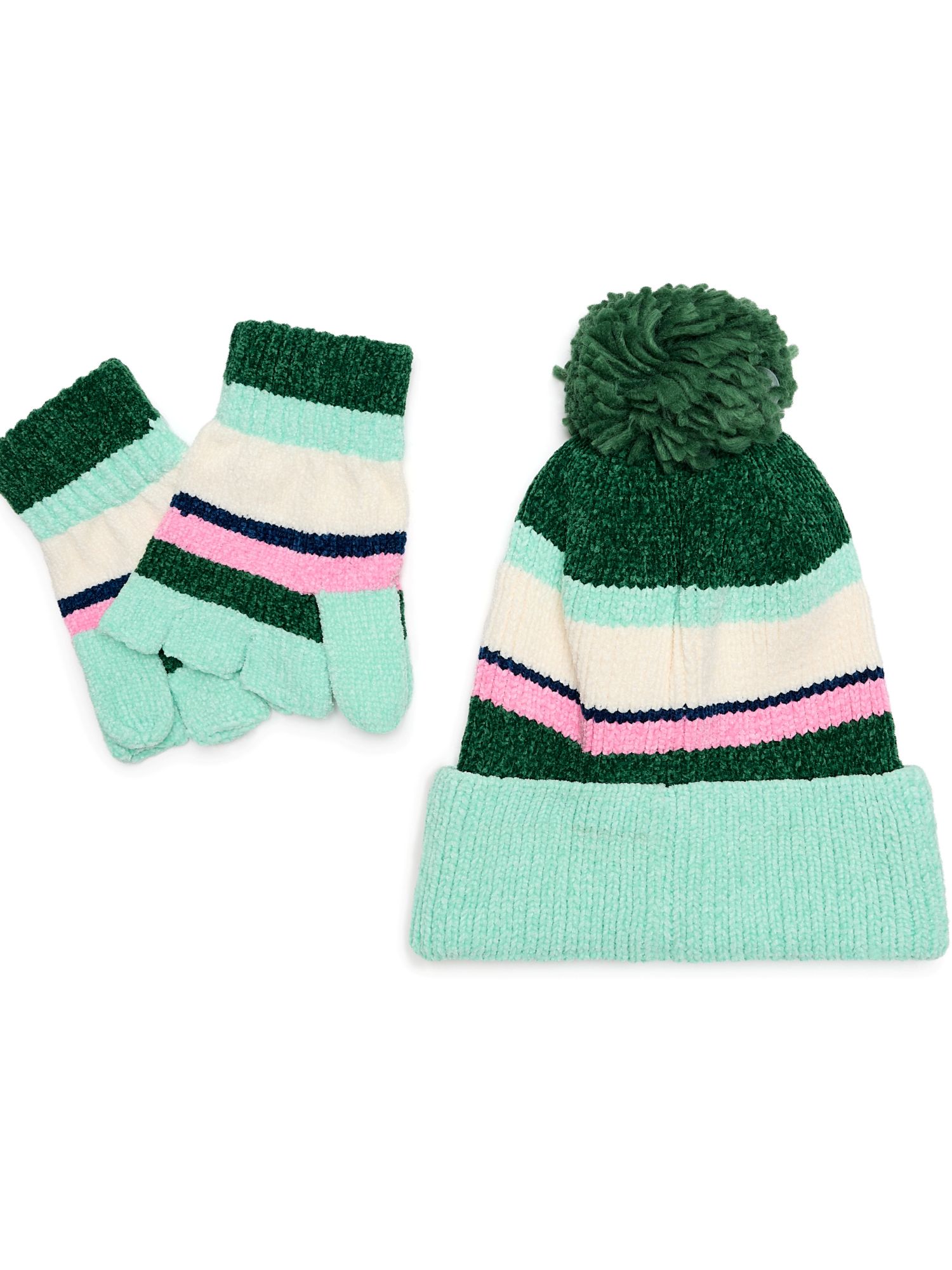 Packed Party Cozy Stripes Chenille Hat and Gloves Set, Green