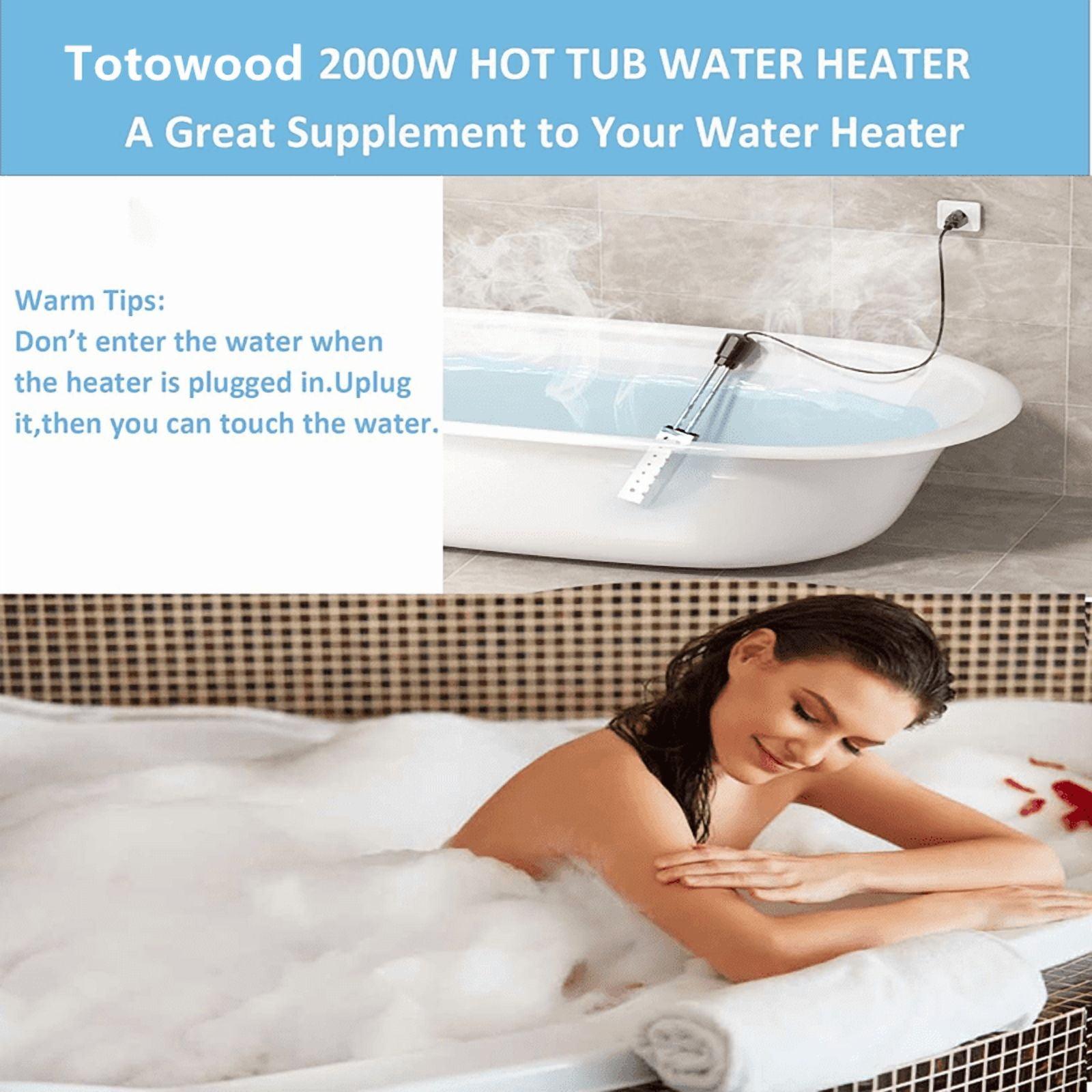 Totowood -Immersion Water Heater for Bathtub, 5 Gallon Bucket Water Heater. Stainless Steel Sumbersible Water Heater Heat Water Fast in Bathtub, Bucket.Pool Heater for Inflatable Pool.
