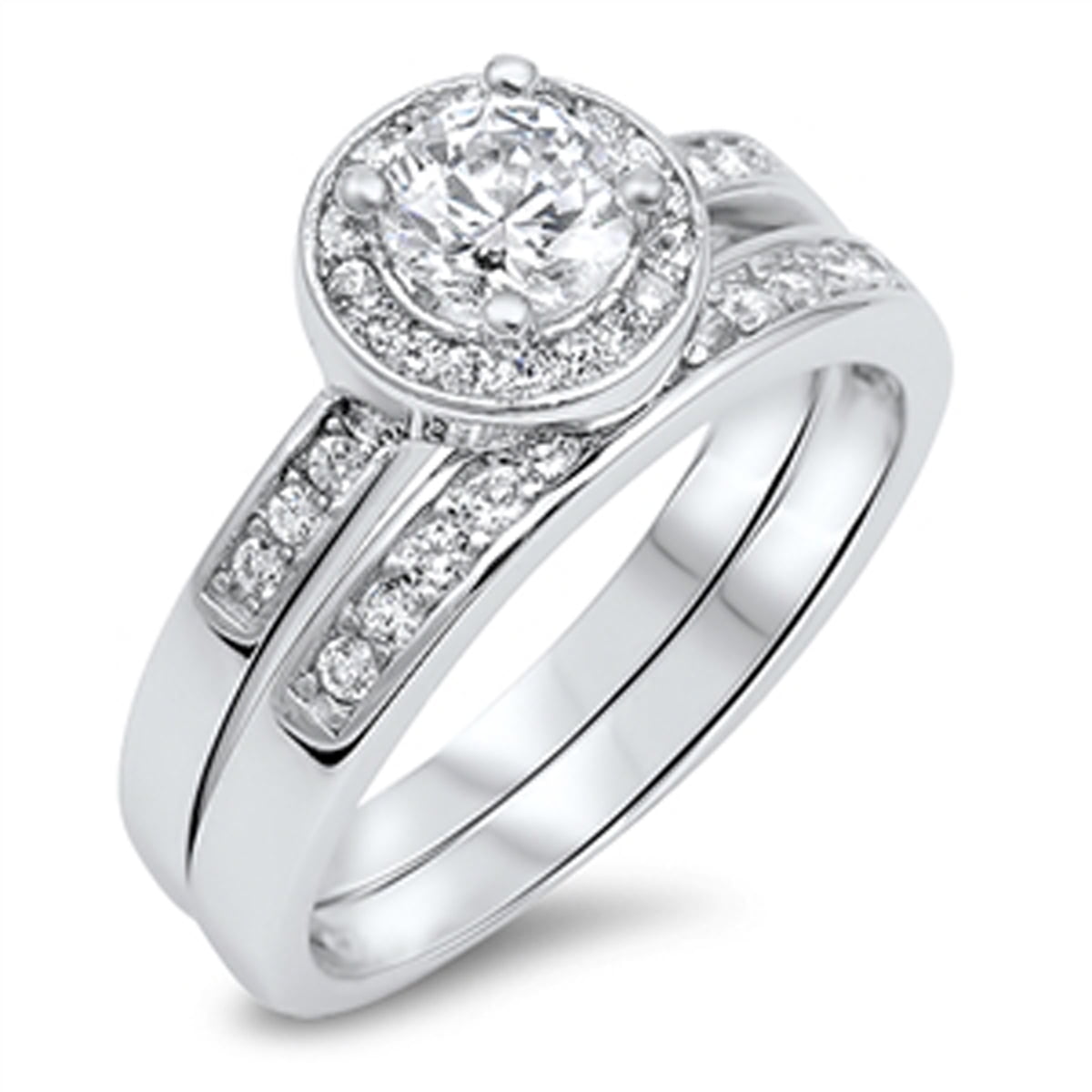 Sizes 5-10 Sterling Silver Womens Colorless Cubic Zirconia Round Solitaire Halo Wedding Set Ring Sizes 5-10 Sterling Silver Womens Colorless Cubic Zirconia Round Solitaire Halo Wedding Set Ring