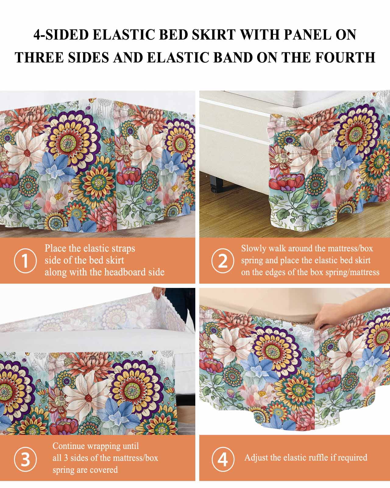 Boho Floral Bed Skirt Queen Size, Bohemia Colorful Mandalas Botanical Flower Wrap Around Bed Skirting with Adjustable Elastic Strap, Dust Ruffle Pleated Bedskirts 16 Inch Drop for Bedroom Queen Beds