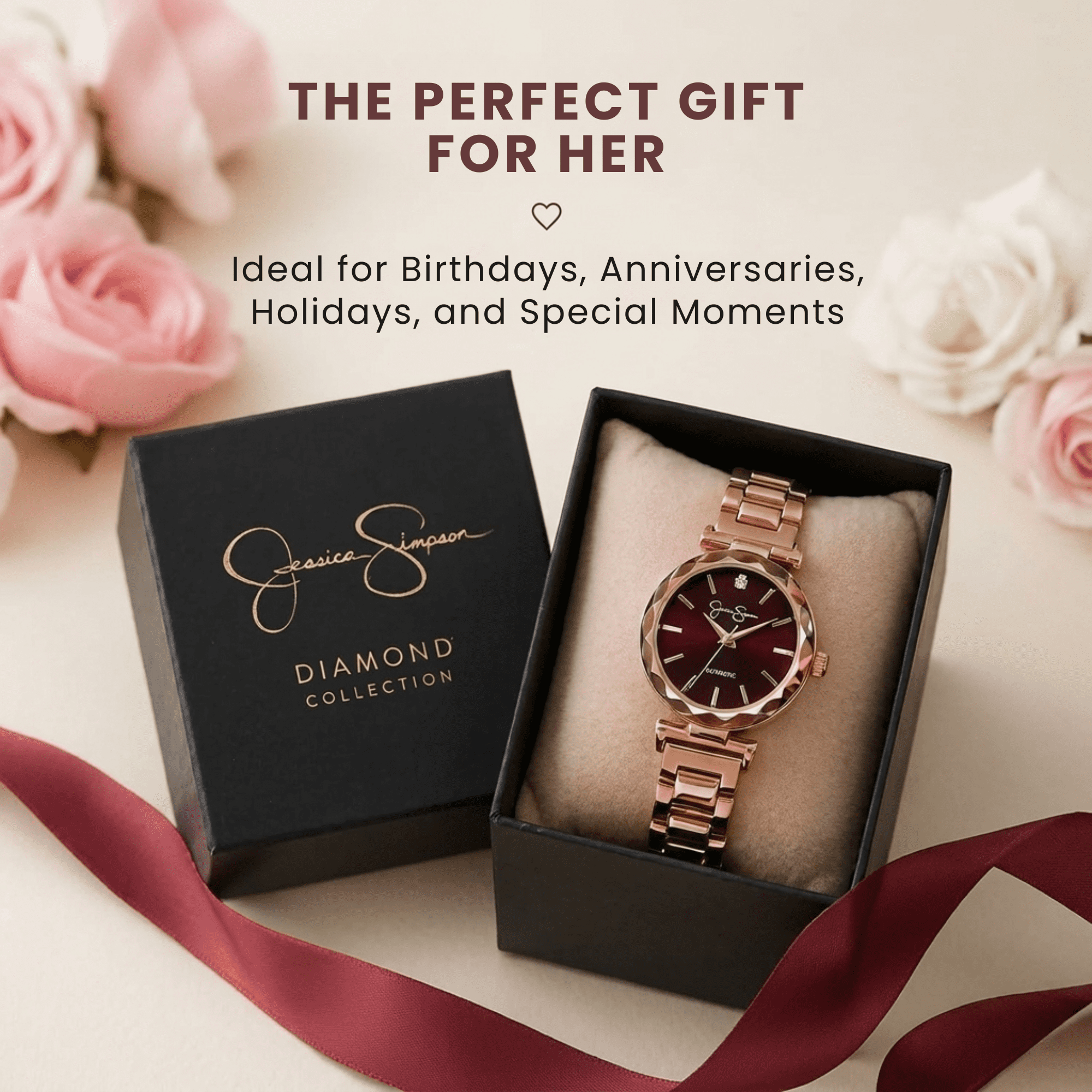 Jessica Simpson Diamond Collection Women Watch, Classic Quartz, Metal Band, Round Faceted Crystal Face, Elegant Dress Watch for Women