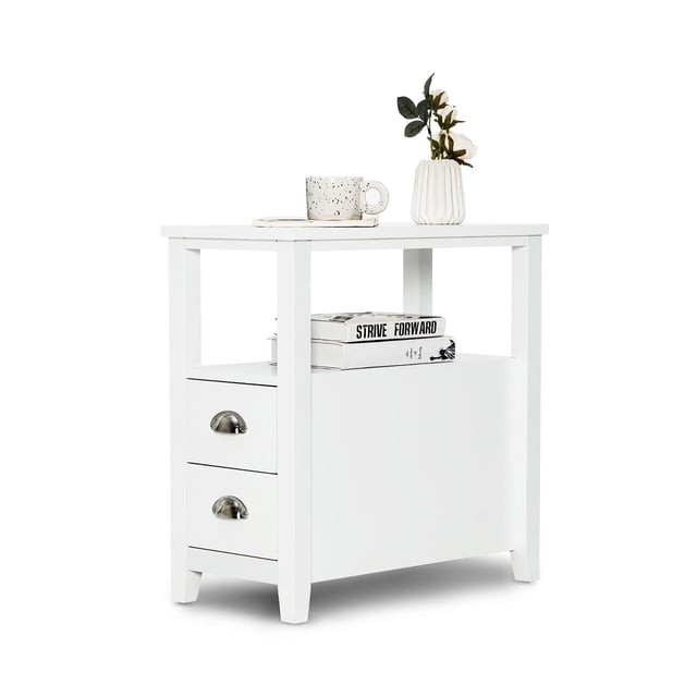 Gymax Table d'Appoint de Bout de Canapé Table de Nuit avec 2 Tiroirs pour Salon Chambre Blanc