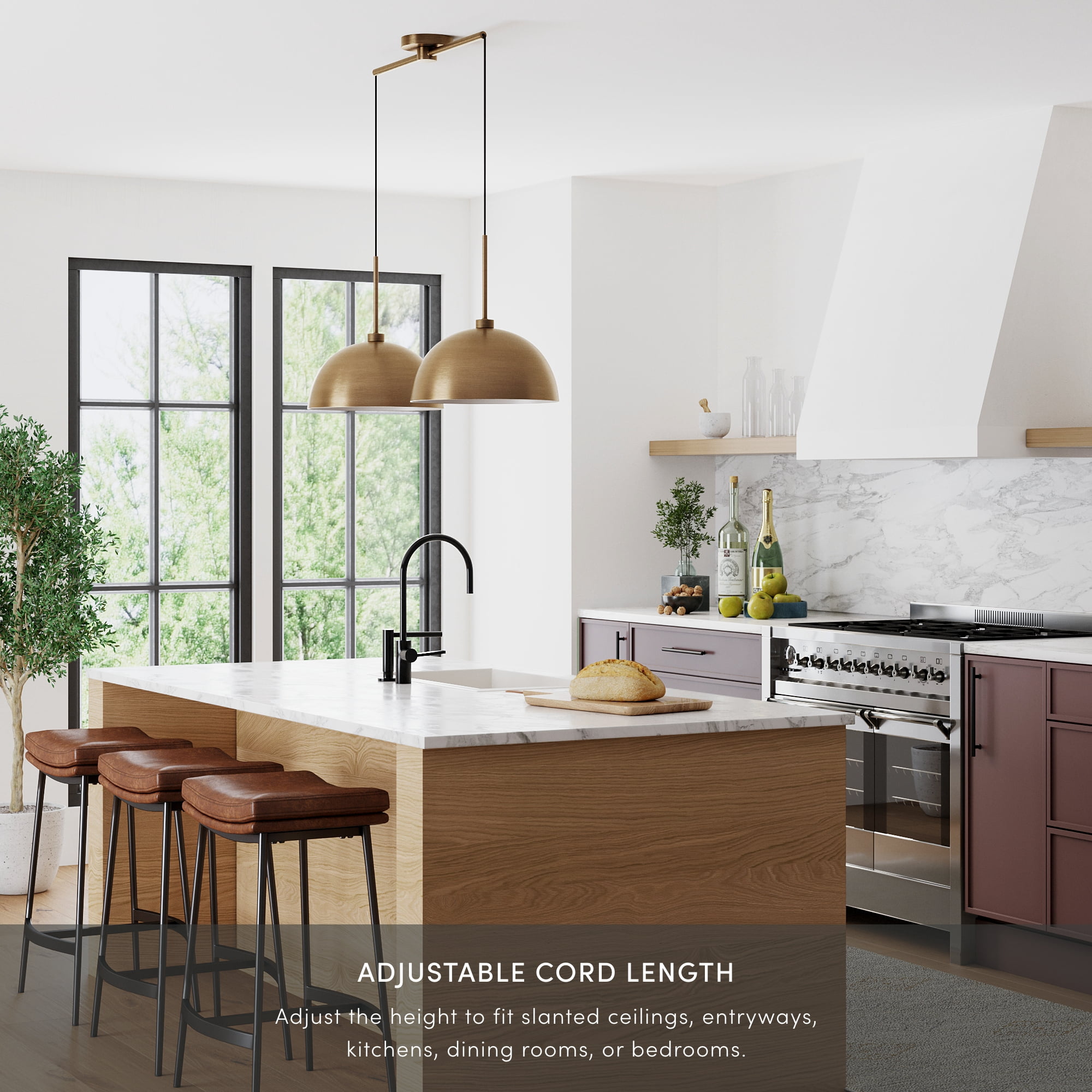 Nathan James Percy Modern 2-Light Pendant Island Light Fixture, Brass Hanging Lights with Gold Metal Shade and Adjustable Cord