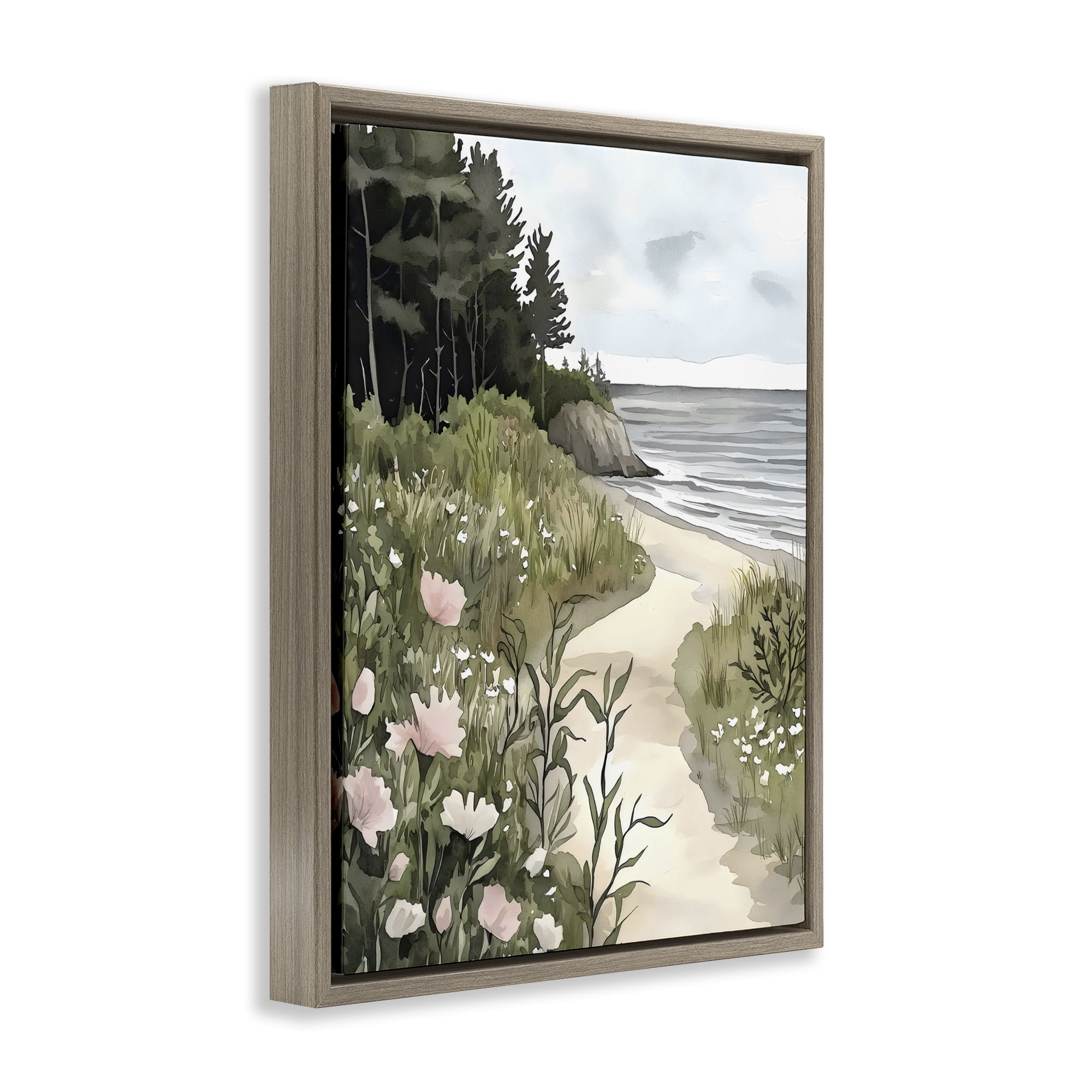 Stupell Industries Coastal Calm Floral Pathway Brown Framed Floater Canvas Wall Art, design by Riley B