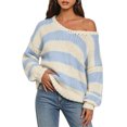 thumbnail image 2 of Womens Sweaters Off The Shoulder Long Sleeve Chunky Open Knit Pullover Sweaters Oversized Striped Casual Sweater, 2 of 4