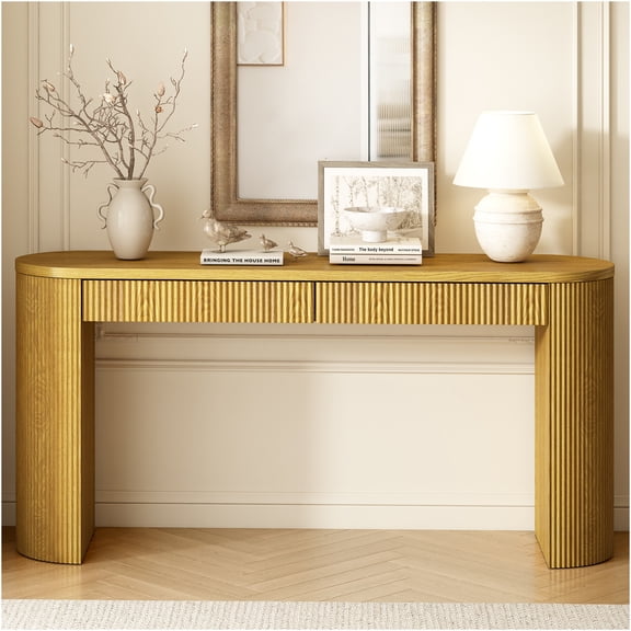 JERFIT 58.2" Farmhouse Console Table with Drawers, Entryway Sofa Table with Arched Legs & Adjustable Feet for Living Room, Hallway, Foyer