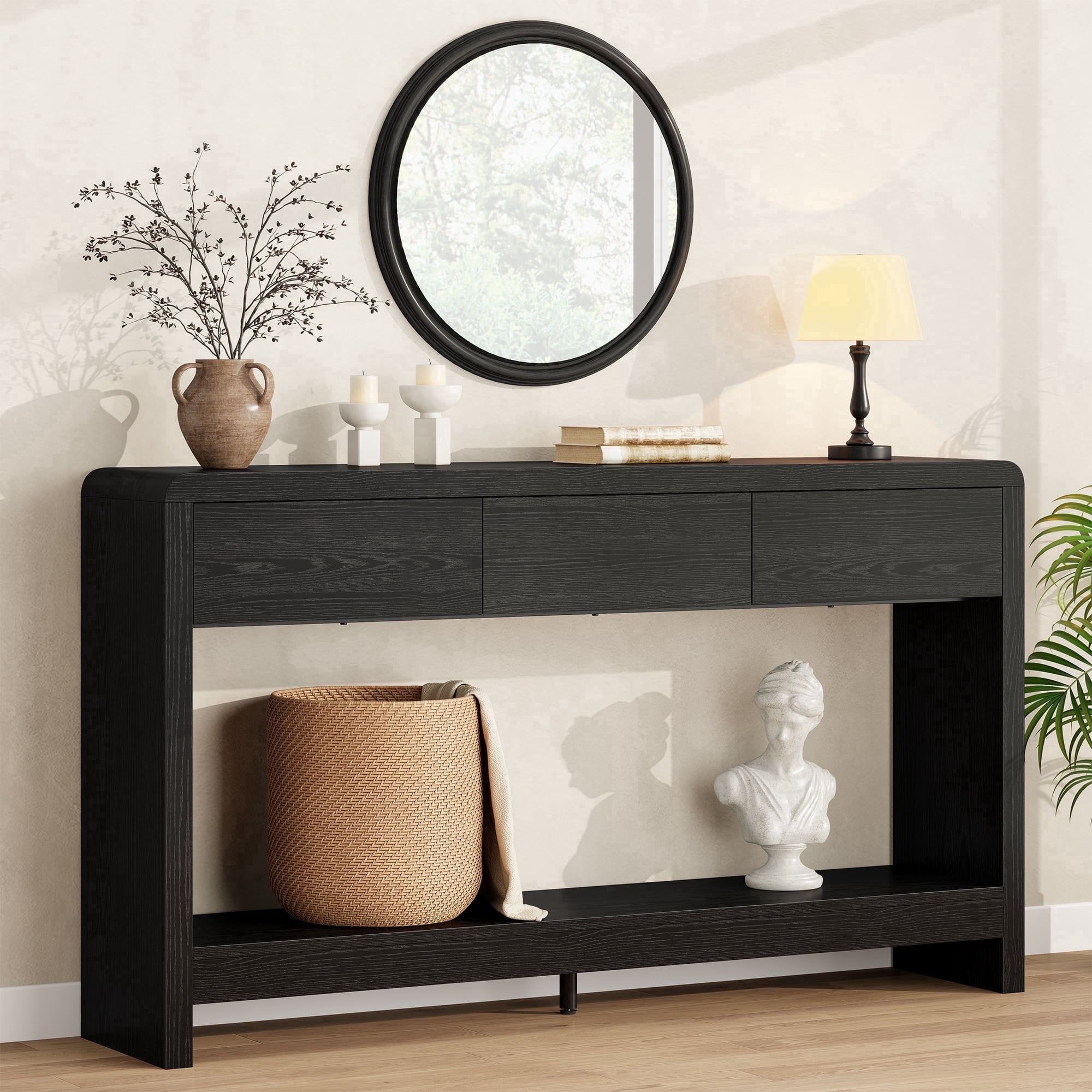 Aufeile 55" Console Table with 3 Drawers, Modern Entryway Table with Open Storage Shelf, Sofa Table Behind Couch, Wooden Entry Table for Living Room, Entrance, Hallway, Black