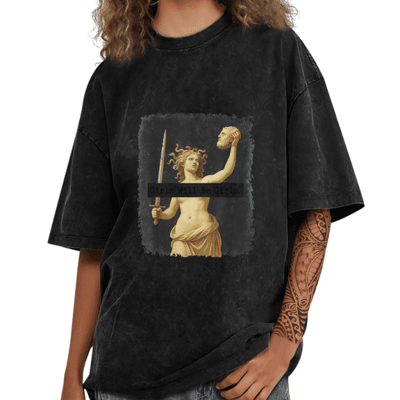 Black Mineral Wash Print T-Shirt Graphic Tee S-2XL Trendy Feminist Medusa Print Casual Stylish Tops