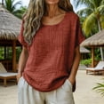 thumbnail image 1 of Craaazy Women Casual Loose Fit Blouse, Solid Color Short Sleeve Cotton Linen Tops, Comfy Round Neck Tunic for Daily Wear Gifts, 1 of 6