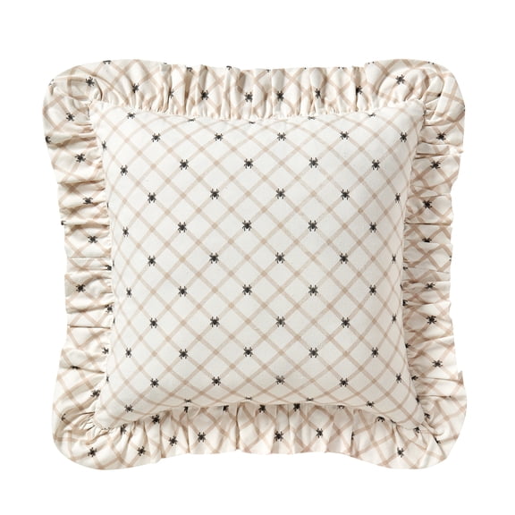 My Texas House Halloween Ivory Plaid Spiders Ruffle Decorative Pillow, 18" x 18"