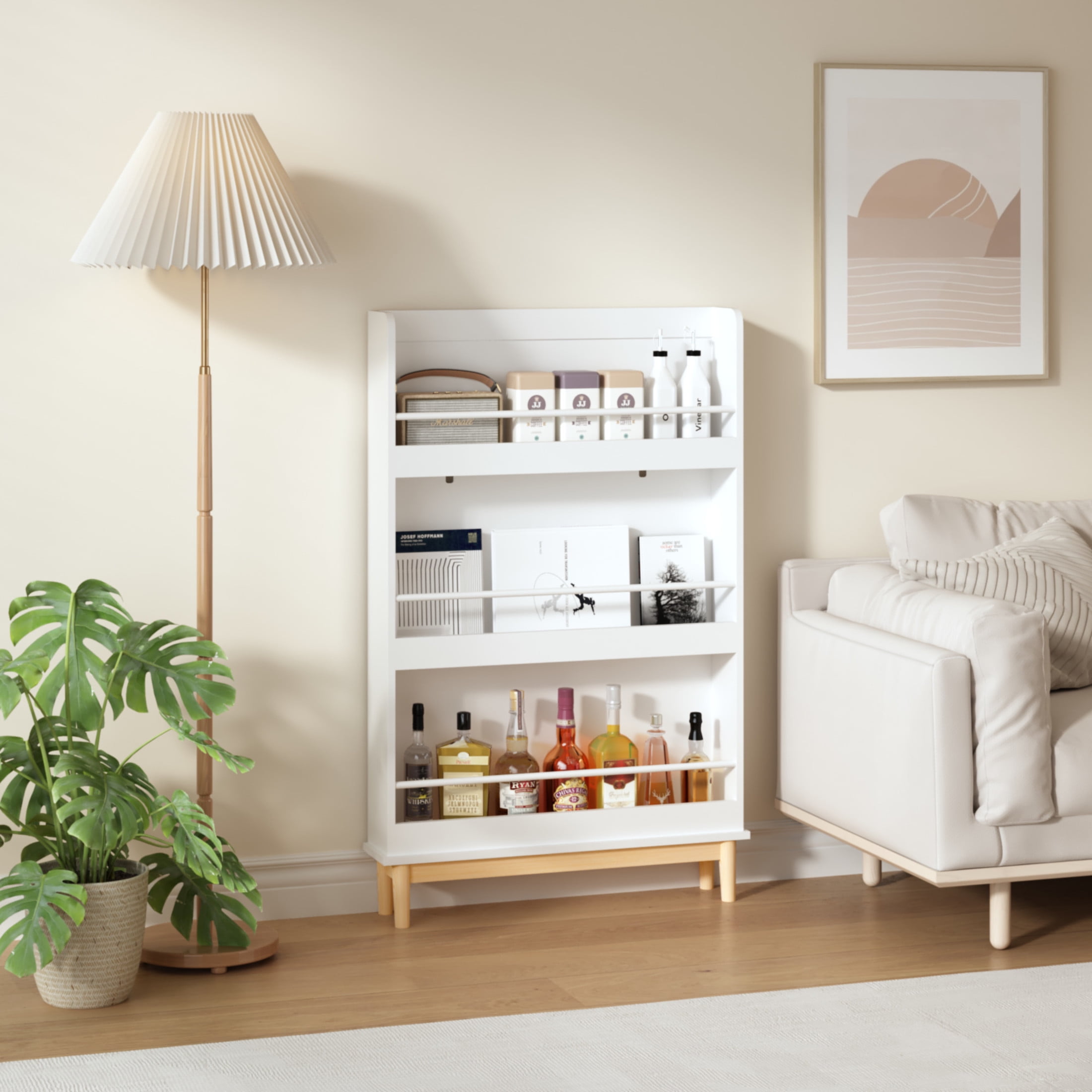 Noble House Wall-Mounted Kids Bookshelf with 3 Front-Facing Display Shelves, Book Rack with Natural Wood Base, White