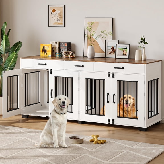 Extra Large Double Dog Crate Furniture for 2 Dogs – 71 inch Wooden Kennel with Removable Divider, 3 Drawers, TV Stand – Brown & Straight Oak White