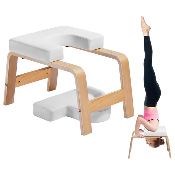 Yoga Headstand Bench, 300 lbs Capacity Yoga Inversion Chair for Family Gym, Headstand Trainer with Wood Frame & PU Pad, Stand Yoga Stool for Strength Balance Training, Relieve Fatigue White