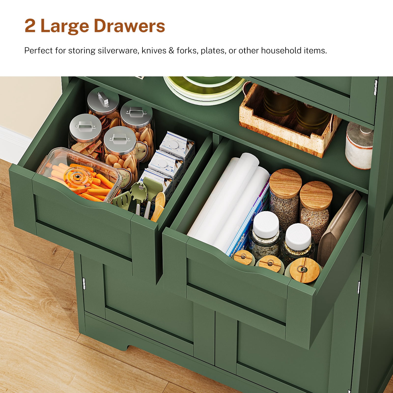 Kitchen Pantry Cabinet with Adjustable Shelf, Tall Storage Cabinet with 2 Drawers & 4 Door, Food Pantry Cabinets, for Kitchen, Dining Room, Living Room, Green