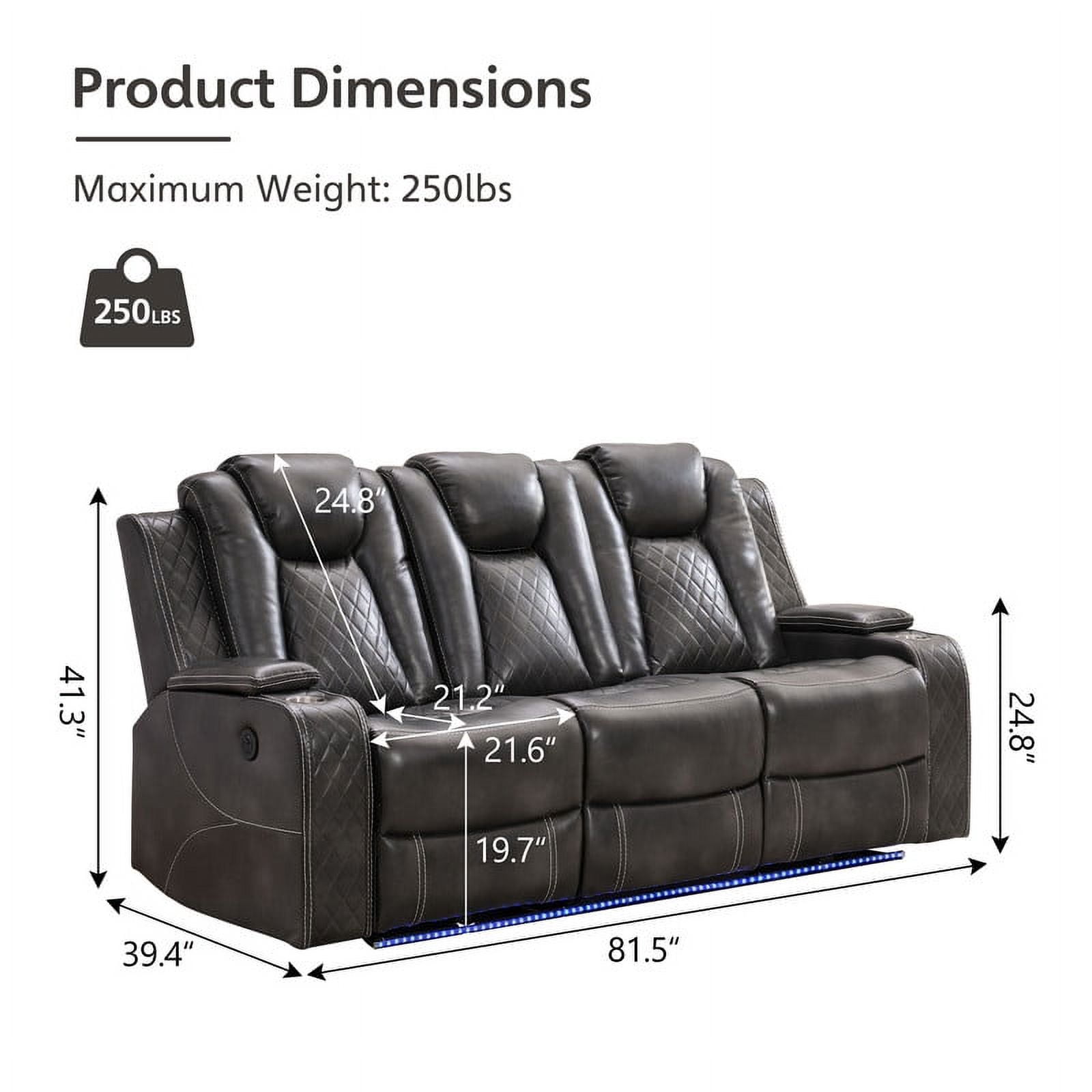 3-Seat Power Recliner Chair Sofa Set for Living Room,Gray Faux Leather Electric Home Theater Seating Reclining Sofa Couch with Flipped Middle Backrest,LED Light,USB Port,Cup Holder,Hidden Arm Storage
