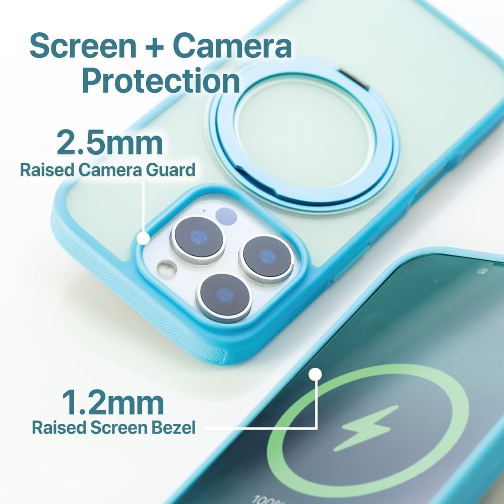 BLACK+DECKER 360°Spin Magnetic Stand for iPhone 16 Pro Case, Compatible with MagSafe Protective Stylish for iPhone 16 Pro Case for Women, Ostand Kickstand Rotatable, Lanyard, Extra Buttons, Blue