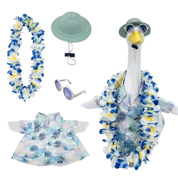 Porch Goose Outfits, Summer Vacation Style Costume, Includes Hawaiian Shirt, Flower Lei, Sunglasses, and Sun Hat for 23 Inch Geese
