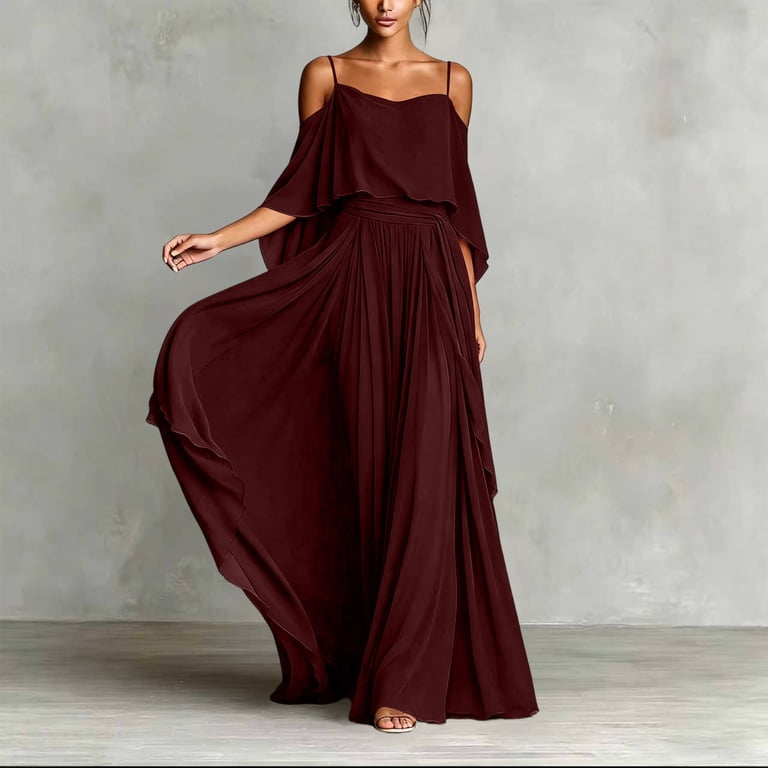 flowy cold shoulder dress Women's Cold Shoulder Spaghetti Strap Maxi Dress Cocktail Party Gown Ruffle  Pleated Flowy Long formal Dress Wedding Guest Dress Wine