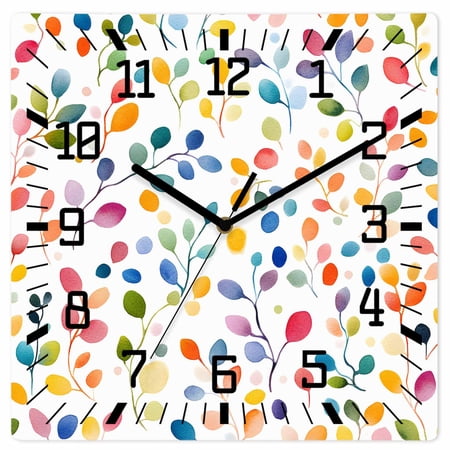 Colorful Leaves Wooden Wall Clock Silent Non Ticking, Modern Boho Painting Plant Branch Square Wall Clocks Battery Operated, Decor Clock for Home Office, Living Room, Kitchen, 12 Inch
