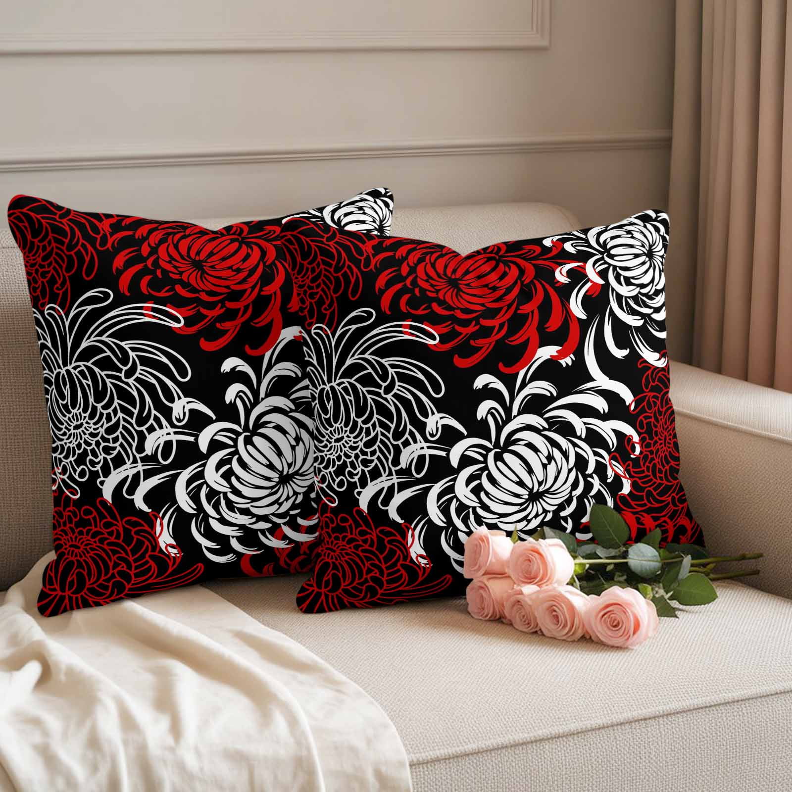 Red White Outdoor Waterproof Pillow Covers, Abstract Black Chrysanthemum Flower Floral Decorative Square Throw Pillowcase Sofa Cushion Sham for Patio/Couch/Chair, 16"x16" 2 Pack