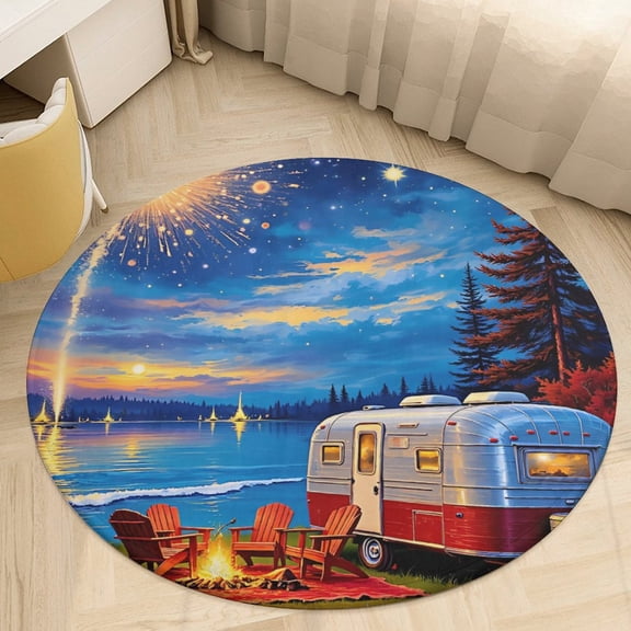 Colorful Camper Trailer Round Area Rugs for Bedroom Living Room, 3FT Soft Indoor Circle Carpets, Carpet Home Decor Floor Mat