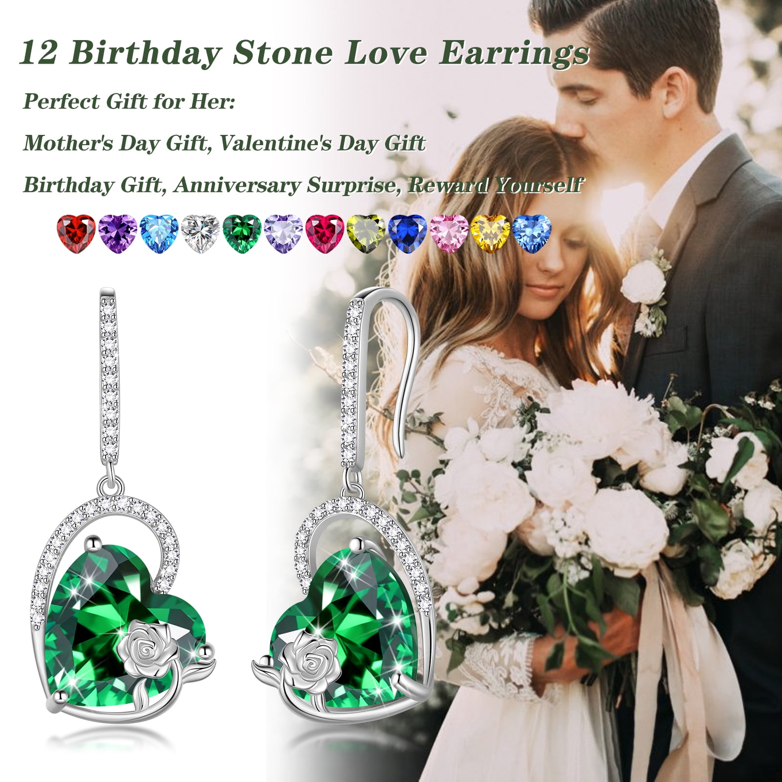 Juwaliy 925 Sterling Silver Earrings Women Heart March Birthstone Hook Dangle Earring Aquamarine Blue Rose Flower Jewelry Mother Birthday Gift