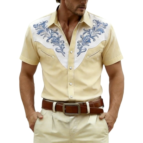 Western Embroidered Short Sleeve Button Down Shirts for Men Cowboy Print Casual Leisure Top Beige L