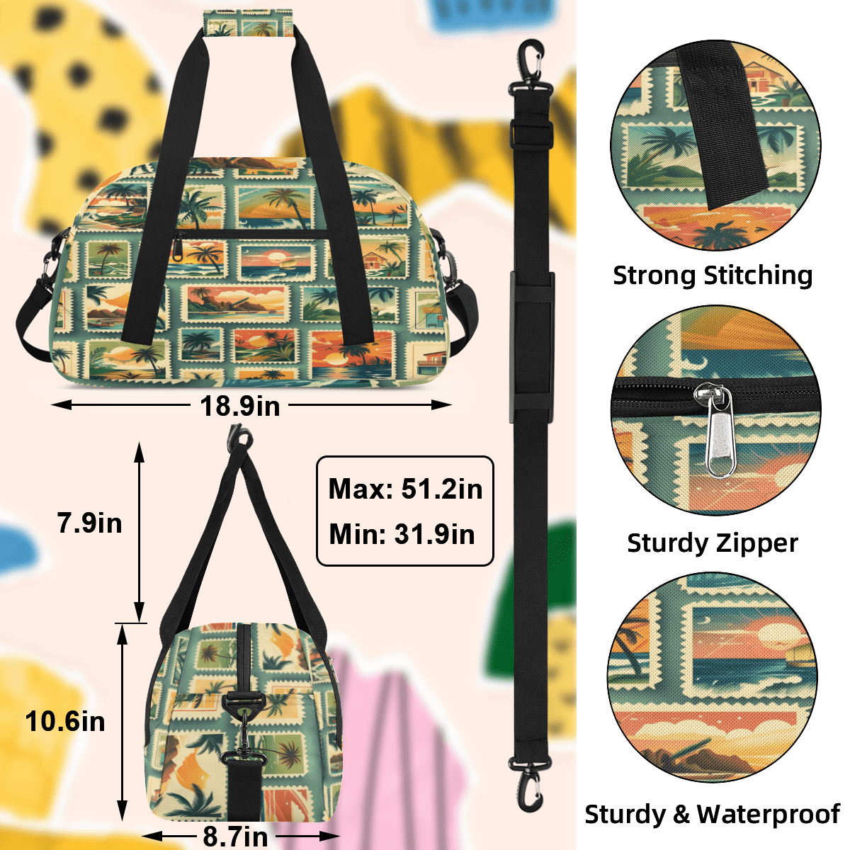 Herdesigns Tropical Beach Palm Tree Sports Duffle Bag for Women & Men, Summer Coastal Nautical Gym Bag Dance Bag Overnight Bag Carry On Weekender Travel Bag