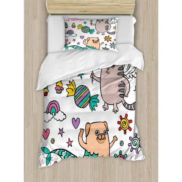 Unicorn Cat Twin Size Duvet Cover Set Pug Mermaid And Unicorn Cat