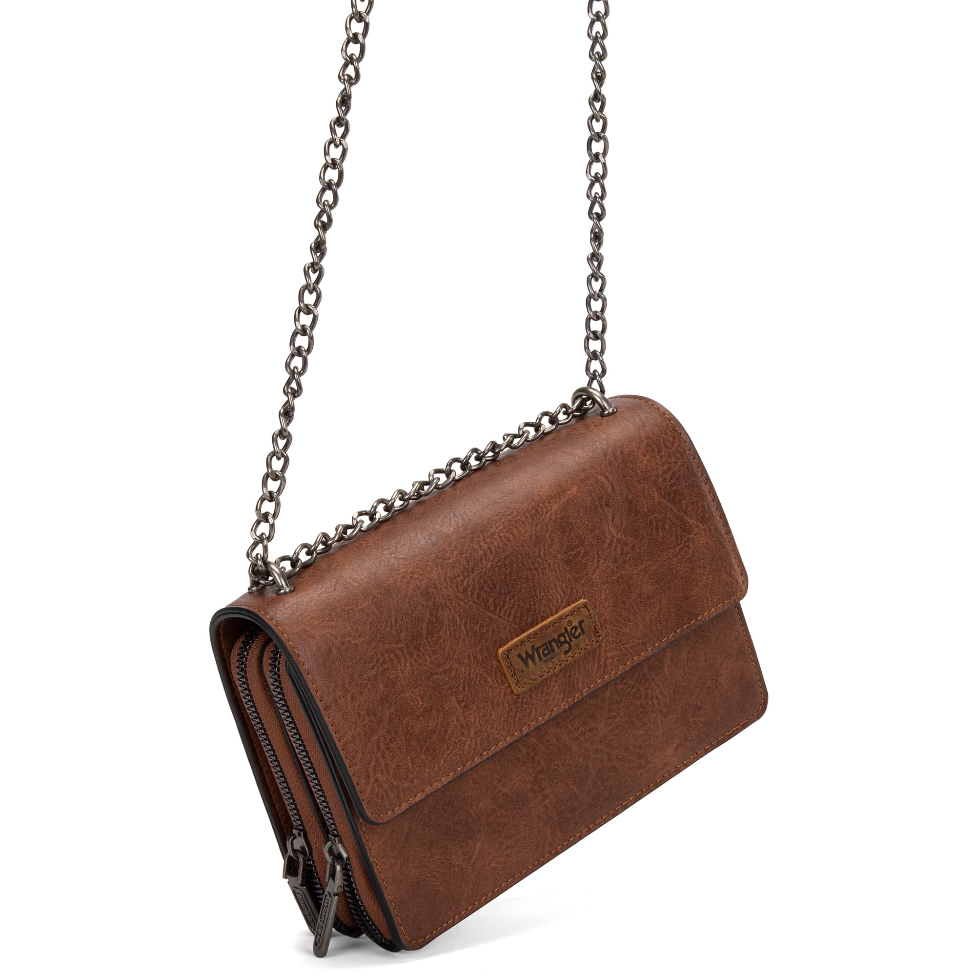 Wrangler Flap CrossBody Purse for Women Small Shoulder Bag with Chain Strap, Dark Brown