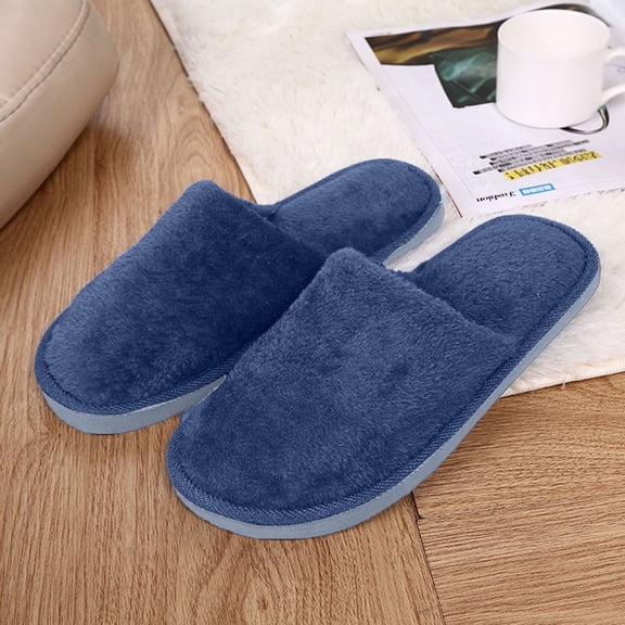 HKYNLAG Mens House Slippers, Soft Plush Fuzzy Shoes with Anti-Slip Sole, Comfortable Memory Foam Indoor Slippers Navy 8-8.5