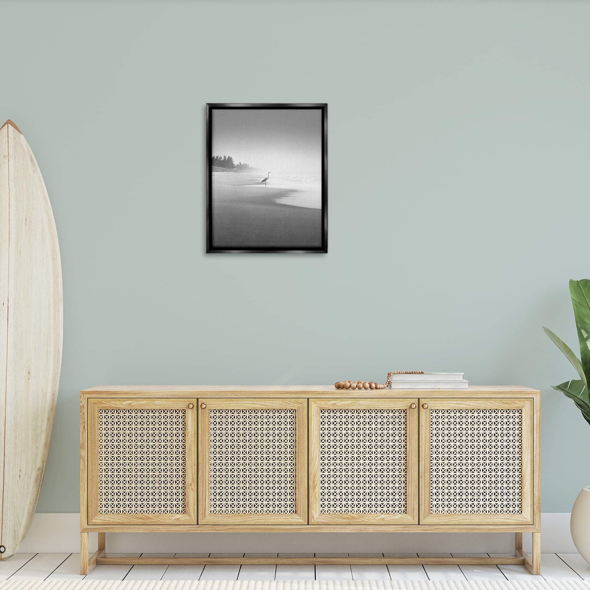 Stupell Industries Heron on Beach Coast Coastal Photography Black Floater Framed Canvas Art Print Wall Art, 25 x 31