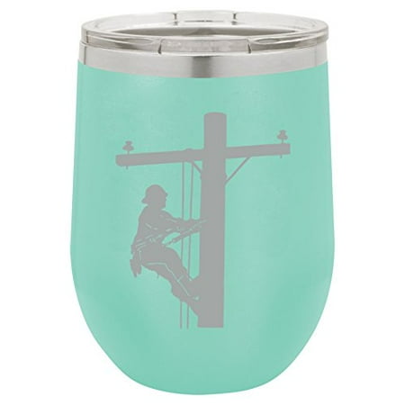 

12 oz Double Wall Vacuum Insulated Stainless Steel Stemless Wine Tumbler Glass Coffee Travel Mug With Lid Lineman Electric Pole Climber (Teal)