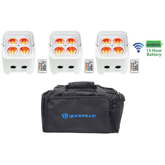 3) Rockville BEST PAR 50 White Rechargeable Par Lights Wireless DMX RGBWA UV Bag