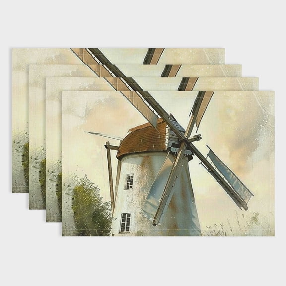 Fenyluxe Windmill Theme Western Style Linen Table Placemats Set of 4 for Dining, Parties, Home Decor 18x12in