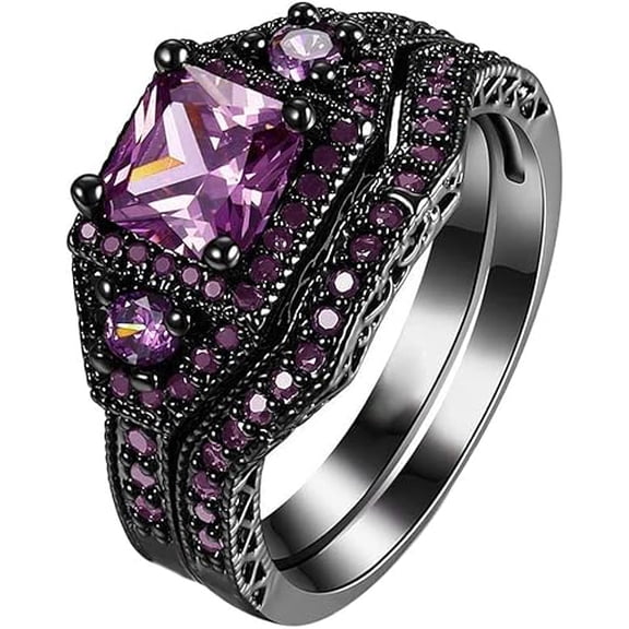 Rag Jewels 925 Sterling Silver 2.00 Ct Princess Cut Amethyst Wedding Engagement Christmas Bridal Ring Set 14K Black Gold Plated For Women's -7.5