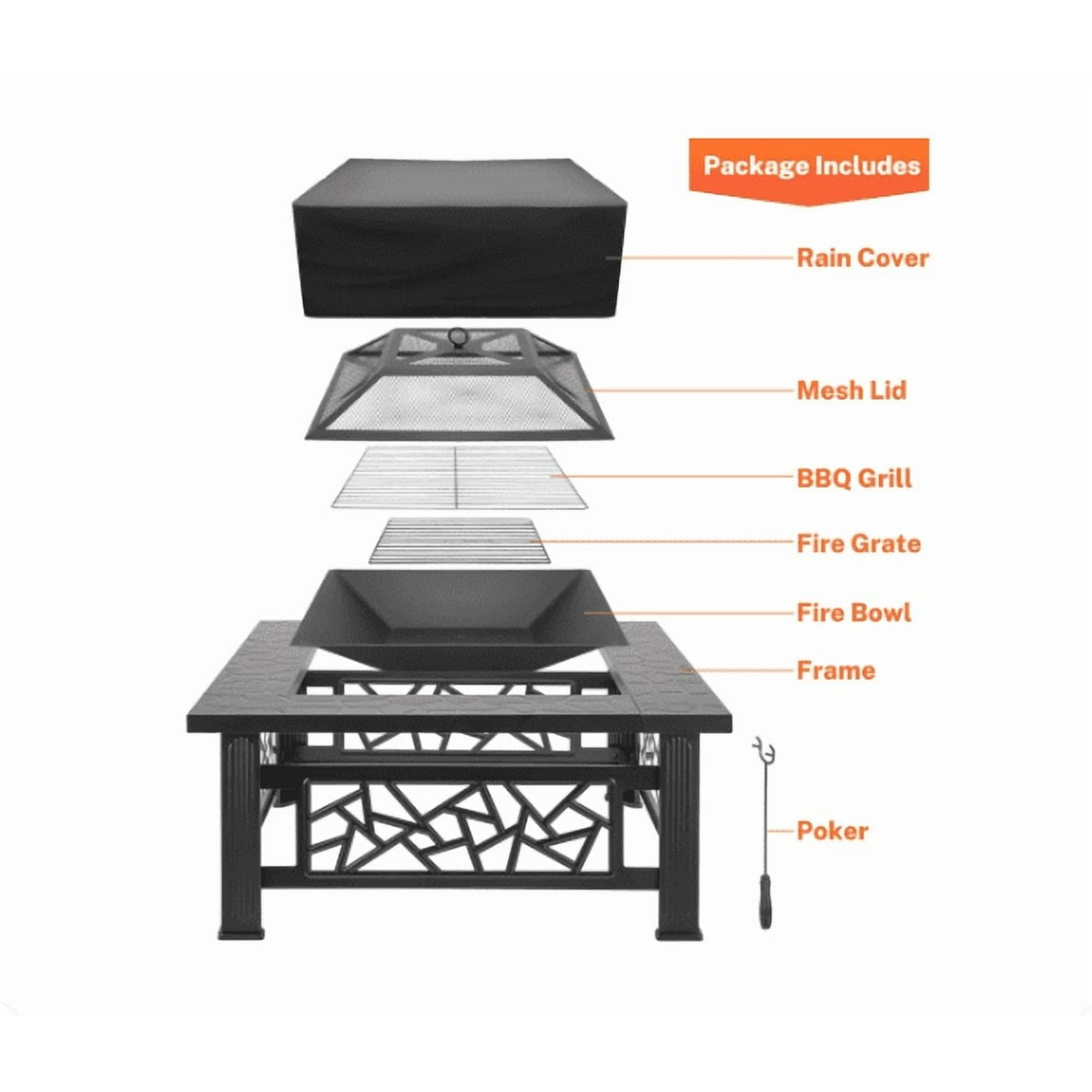 Sesslife Fire Pits for Outside, 32 Inch Square Wood Burning Fire Pit Table with Spark Screen and Fire Poker,Multifunctional Fire Pit Table for Patio,Backyard,Garden