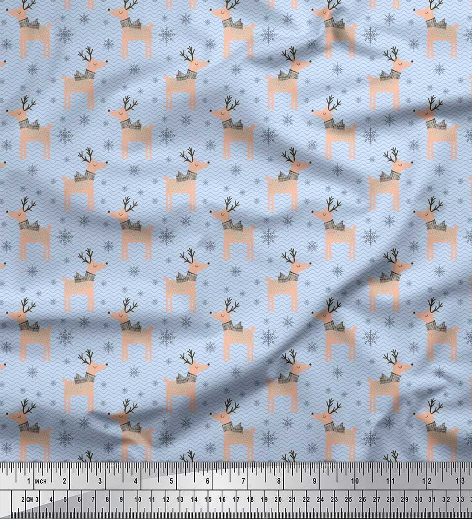 Soimoi Blue Cotton Voile Fabric Reindeer & Snowflake Christmas Fabric Prints By Yard 56 Inch Wide