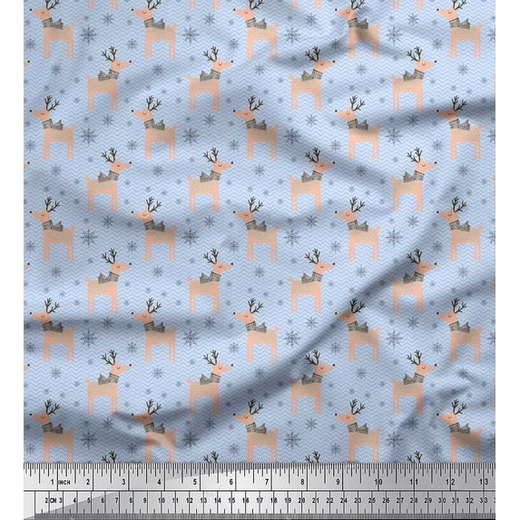 Soimoi Blue Moss Georgette Fabric Reindeer & Snowflake Christmas Printed Fabric 1 Yard 42 Inch Wide