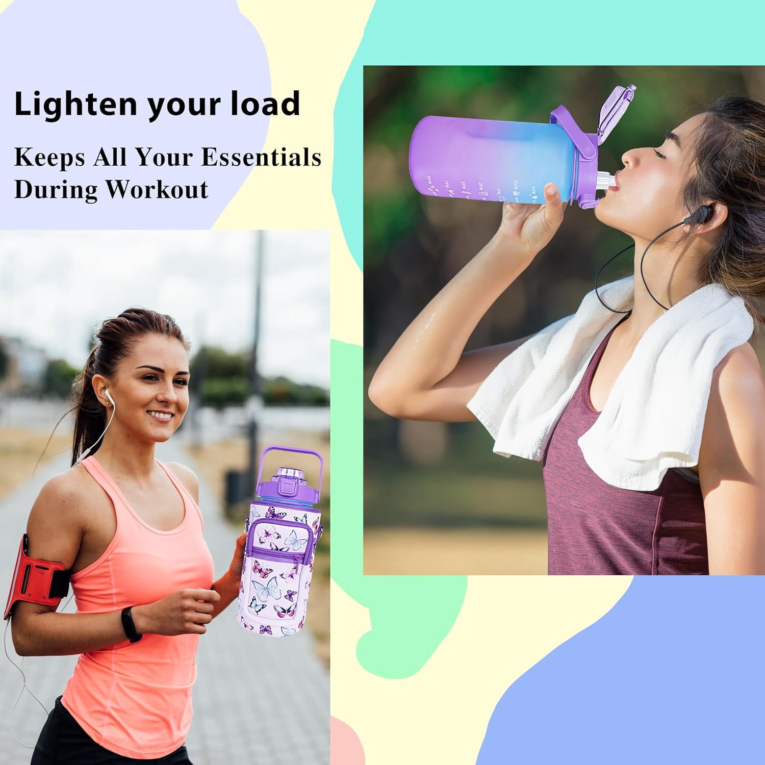 64 oz Water Bottle with Straw Sleeve & Strap Motivational BPA Free Half Gallon Water Jug with Handle for Gym Women Men Aesthetic Water Bottle with Strap Butterfly