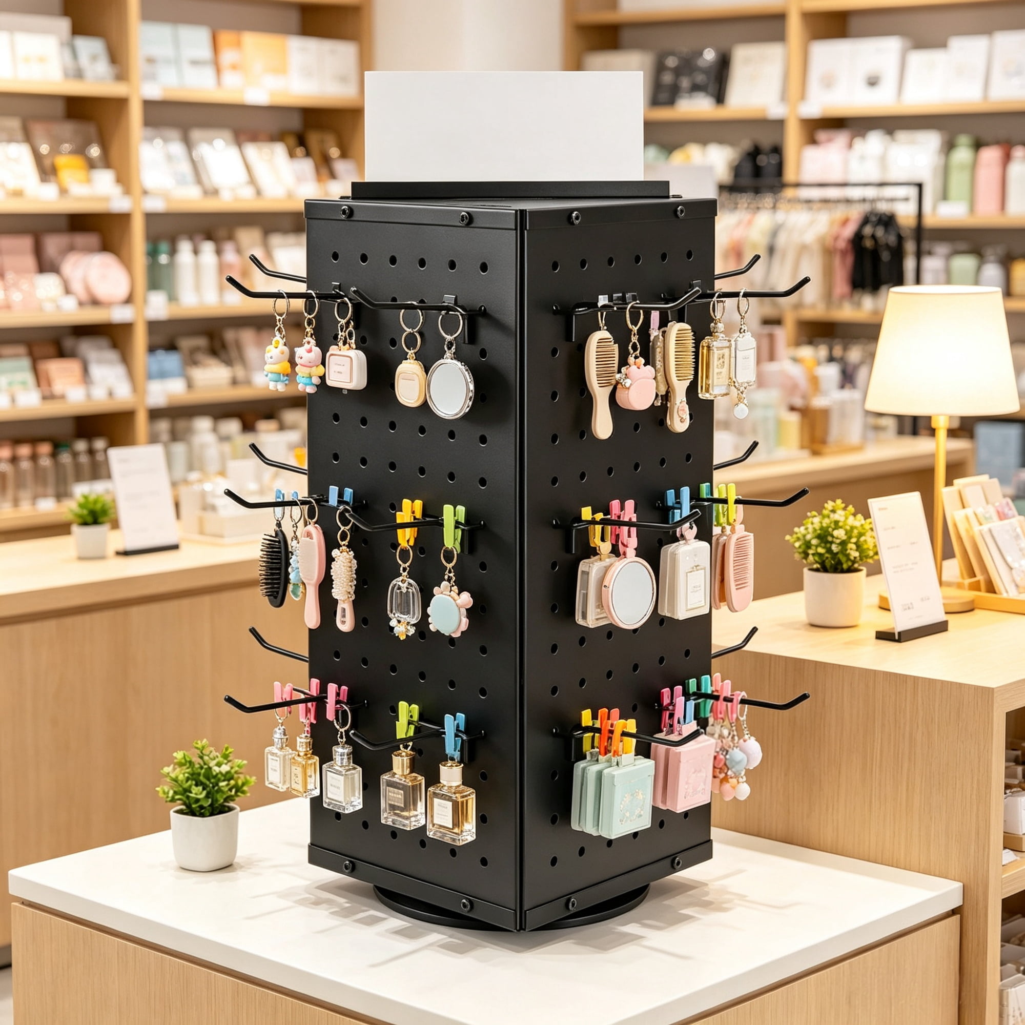 Rotating Pegboard Display Stand, 4-Sided Spinning Retail Organizer with 24 Hooks for Grocery & Jewelry Shop, 7.4 x 7.4 x 17 in
