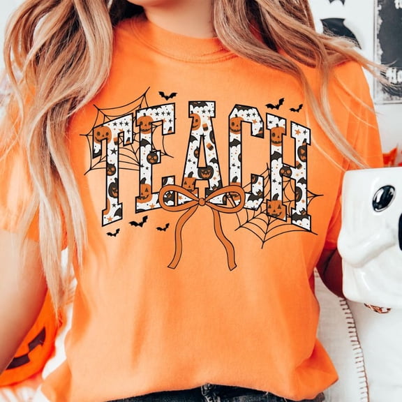 Halloween Teach Pumpkin Bow T-Shirt, Cute Teacher Graphic Tee, Retro Spooky Season Shirt, Fall Classroom Apparel Gift for Her - Orange, S