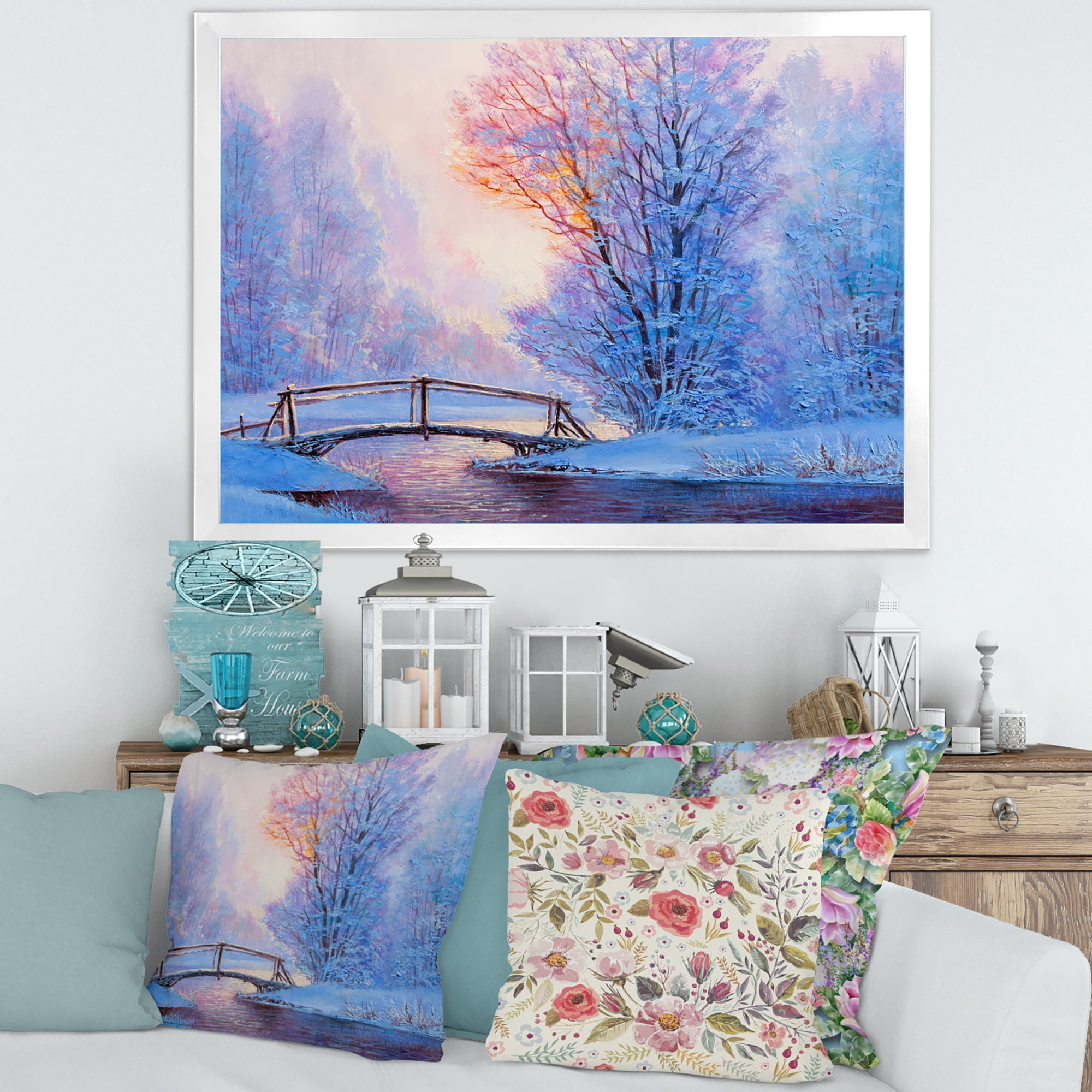 Designart 'Winter Landscape With A Bridge and A River' Lake House Framed Art Print